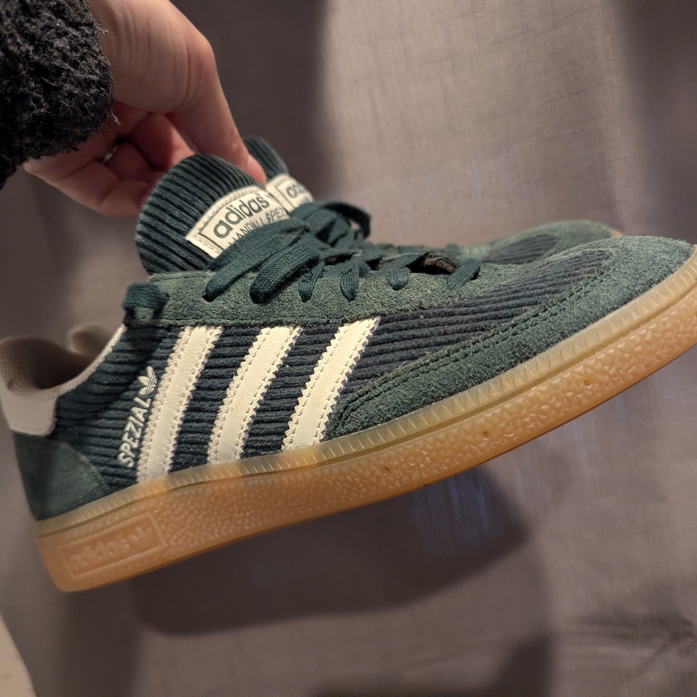 adidas Green Corduroy Spezial Sneakers with White Stripes and Gum Sole